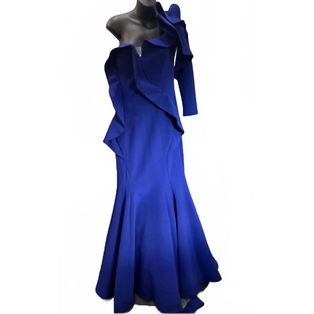 NEW LA PATEAU one shoulder ruffle mermaid gown in royal blue